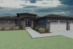 Modern exterior with brick and blue lap siding.