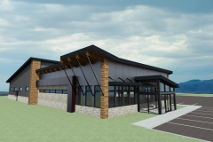 Large, commercial building, featuring a shed roof design with cantilevered overhang.
