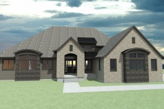 House with curved roof planes and stone facade.