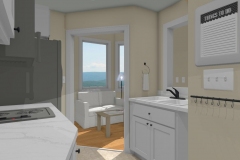 Narrow kitchen design with white cabinets and view to living room
