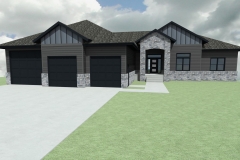 Modern home design with large front entry, featuring blue, black and gray exterior finishes.