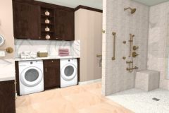 A spacious and functional primary bathroom that includes a double vanity, makeup vanity, a privacy toilet, shower, and bathtub.