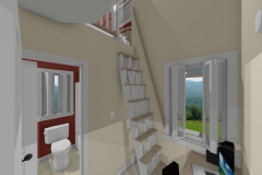 Steps up from office showing door to bathroom on left and door to yard on right