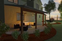 An outdoor seating area with a fire pit and covered patio