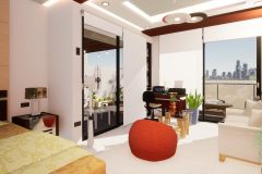 Modern primary bedroom design with enormous windows and an outdoor deck garden.