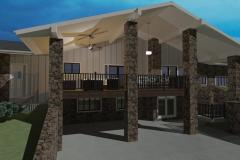 Two story back porch featuring outdoor ceiling fans and seating