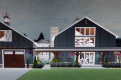 Large barndominium design with a covered front porch and silo living space.