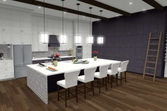 Samantha Lo's Open-concept kitchen with a full wall of shelving and a large island.