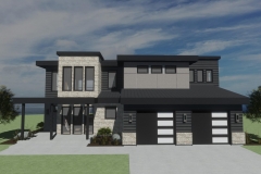 2-story home with black, metal finishes and a shed roof.