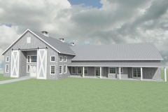 Large, barn home with sliding barn doors and a front porch overhang.