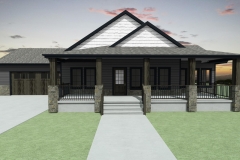 Rustic home with a large, l-shaped porch.