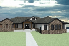 L-shaped rancher with brick facade.