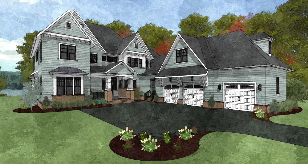 Watercolor rendering of front of home with 3 car garage and gabled accents