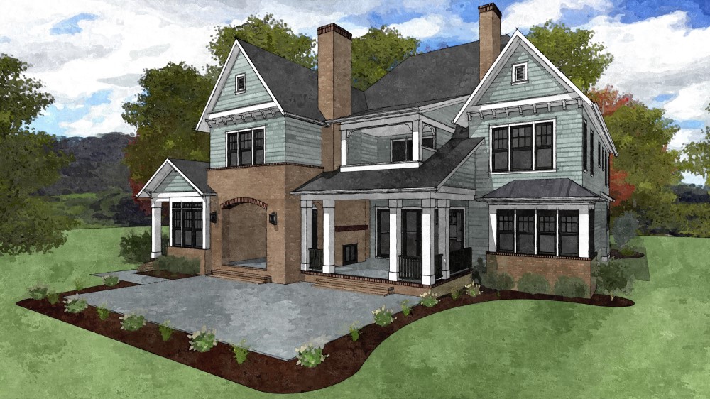 Watercolor rendering of homes backyard perspective with covered porch and brick facade