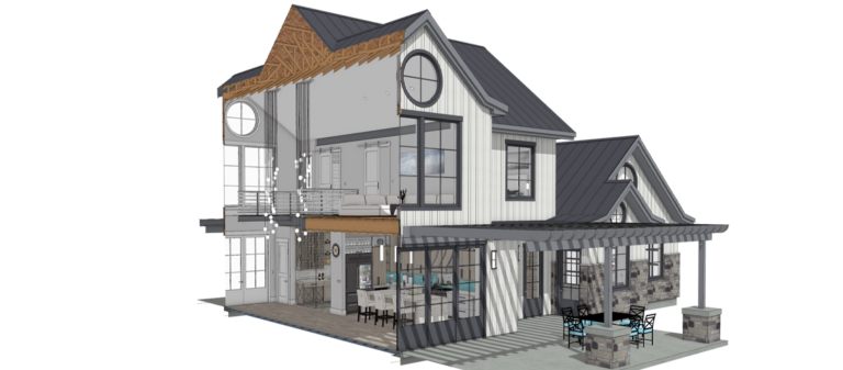Chief Architect exterior modern home rendering with cross section showing