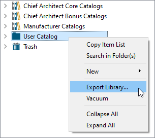 Right-click on the User Catalog and choose Export Library