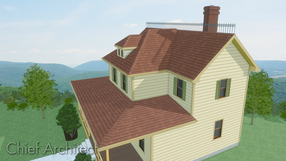 House with millwork symbols on the roof Physically based perspective overview of a Victorian house with symbols that sit on the roof