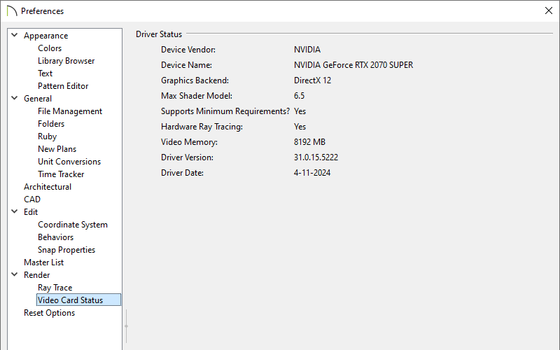 Video Card Status panel of the Preferences dialog