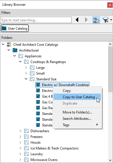 Copy an object to the User Catalog from the contextual menu