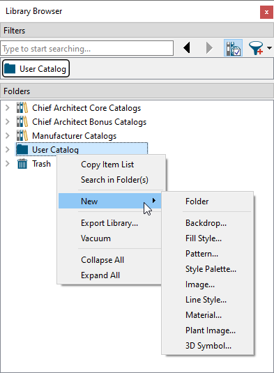 Create a new object in the User Catalog from the contextual menu