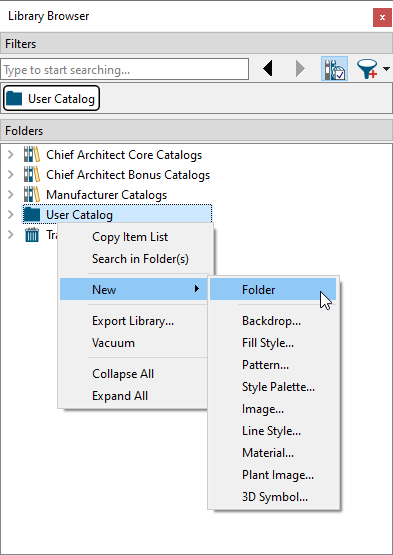 Create a new folder in the User Catalog from the contextual menu