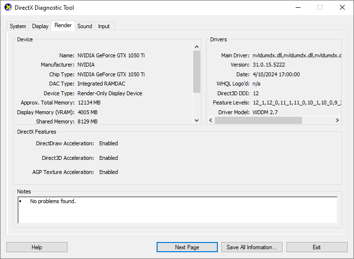 The Display and Render tabs show the video cards that the computer may have