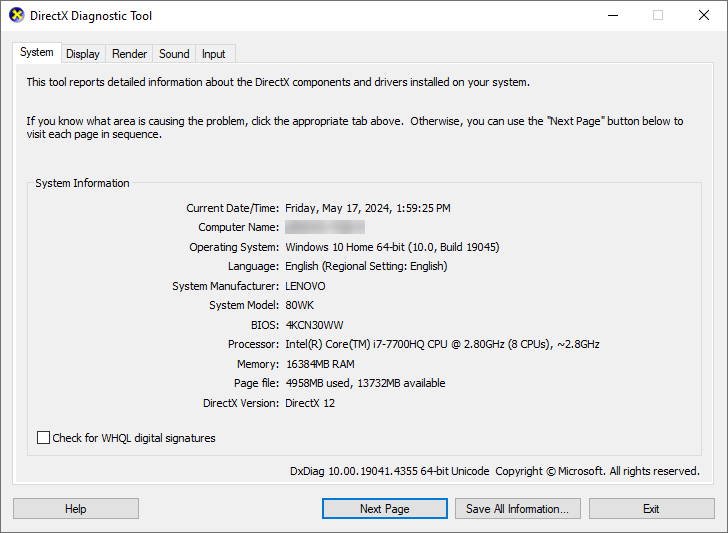 System tab of the DirectX Diagnostic Tool