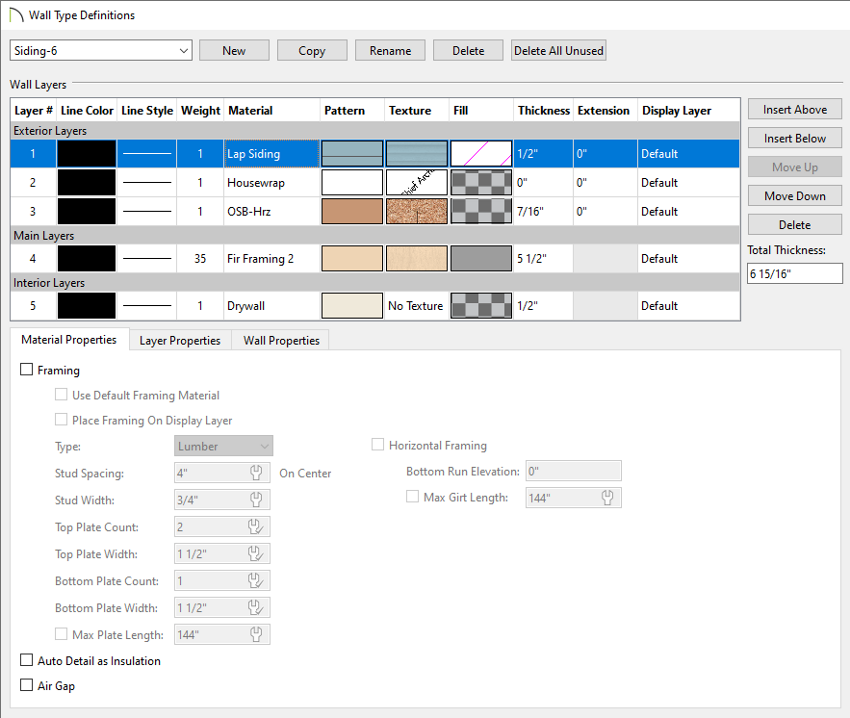 Wall Type Definitions dialog with the Siding-6 wall type specified