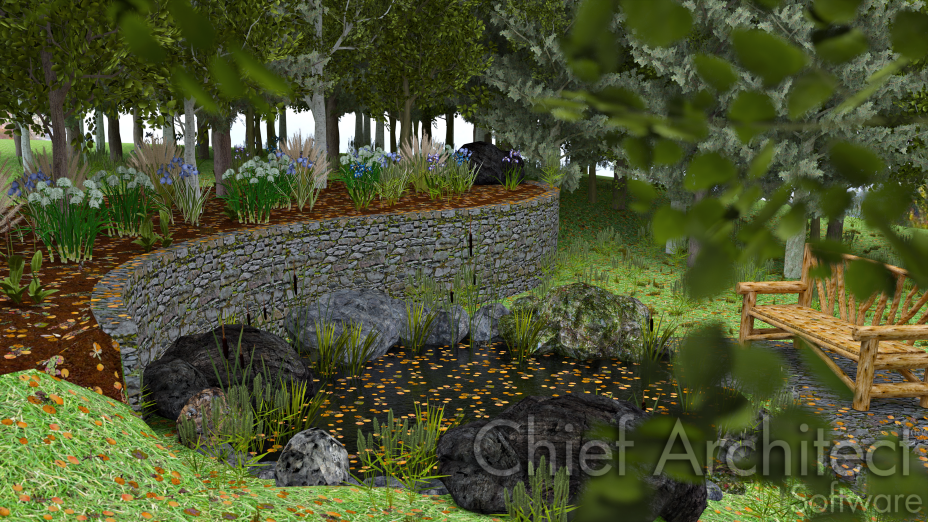 Bench and pool below a retaining wall Retaining wall with pool and bench