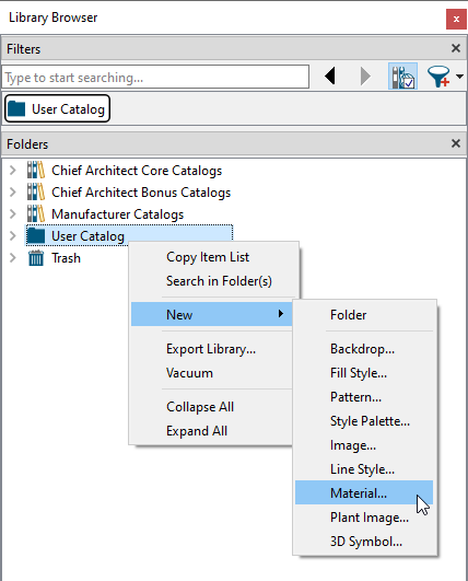 Library Browser with User Catalog > New > Material selected