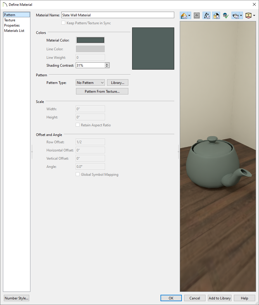 Pattern panel of the Define Material dialog