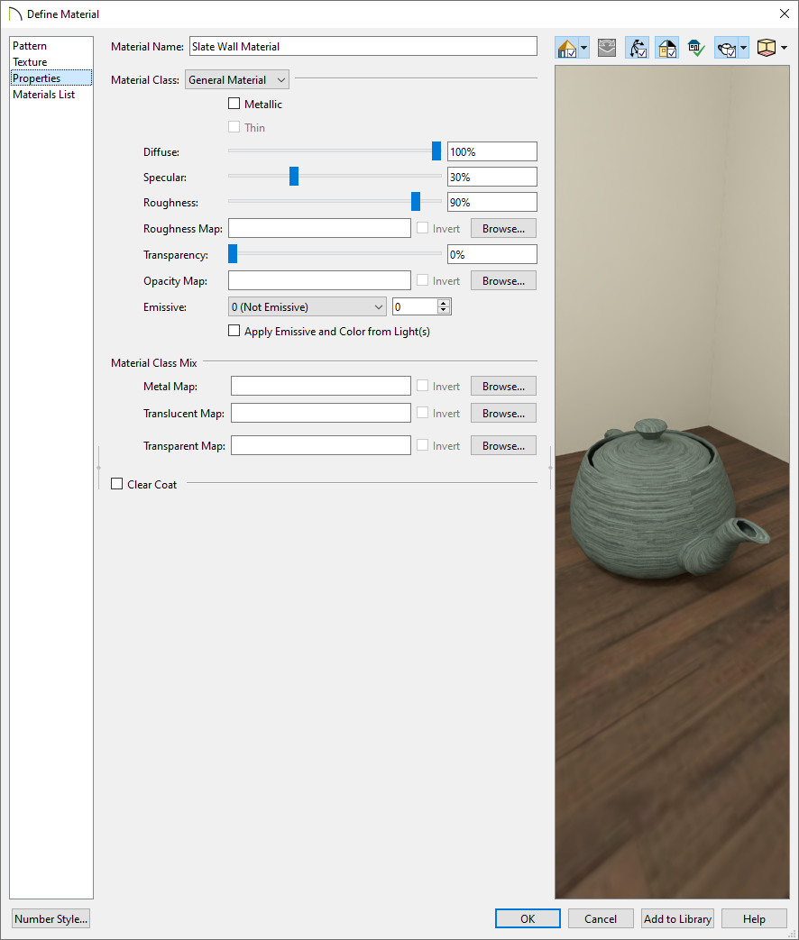 Properties panel of the Define Material dialog