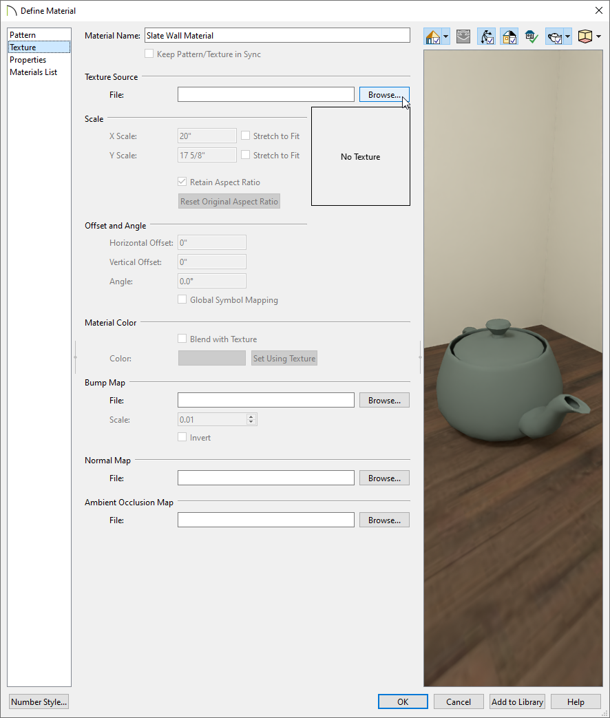 Texture panel of the Define Material dialog
