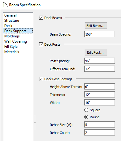 Room Specification dialog - Deck Support panel Room Specification dialog - Deck Support panel