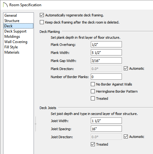 Room Specification dialog - Deck panel Room Specification dialog - Deck panel