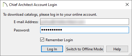Login dialog where an e-mail address and password can be entered