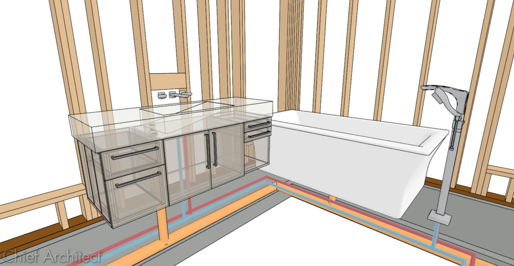 Plumbing routing through a bathroom designed in Chief Architect.