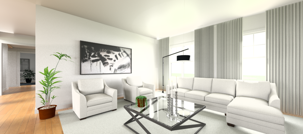A rendering of a living room arranged using the principles of feng shui with white furniture and area rug, oak flooring and a contemporary coffee table.