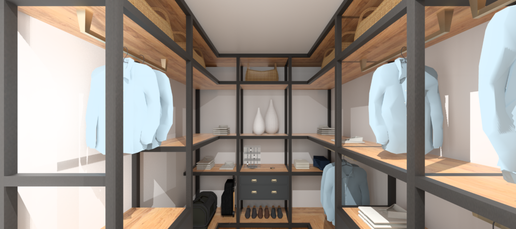 An orderly walk in closet with lots of open space. It was designed with the principles of feng shui in mind and is shown with men's dress shirts, shoes, and accessories.